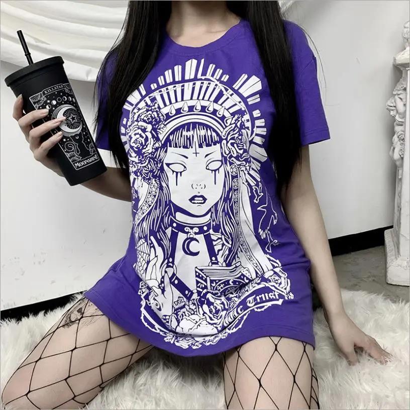 Mori-걸스 프린트 마녀 반팔 티셔츠, 한국 스트리트 패션, 느슨한 엉덩이 섹시한 티셔츠, F1260